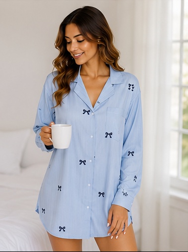 Women’s Light Blue Bow Print Full Sleeve Button Front Sleep Shirt Nightwear